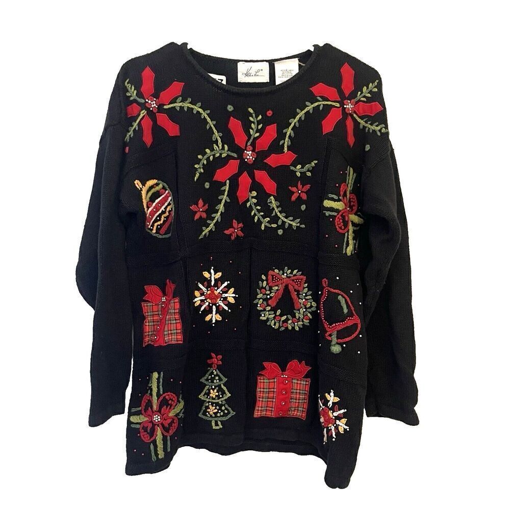 Vtg Kathie Lee Black Christmas Sweater Large Embroidered Holiday Wreath Presents